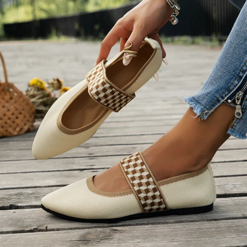 Damen Ballerina Flats – Atmungsaktive Struktur – Runde Spitze – Elastikriemen Design