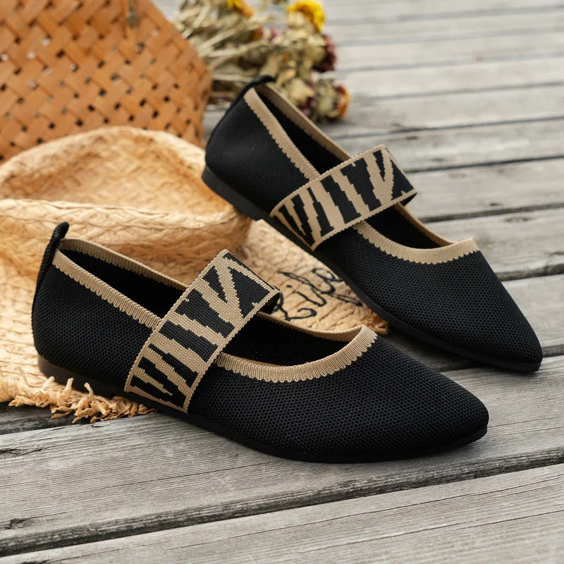 Damen Ballerina Flats – Atmungsaktive Struktur – Runde Spitze – Elastikriemen Design
