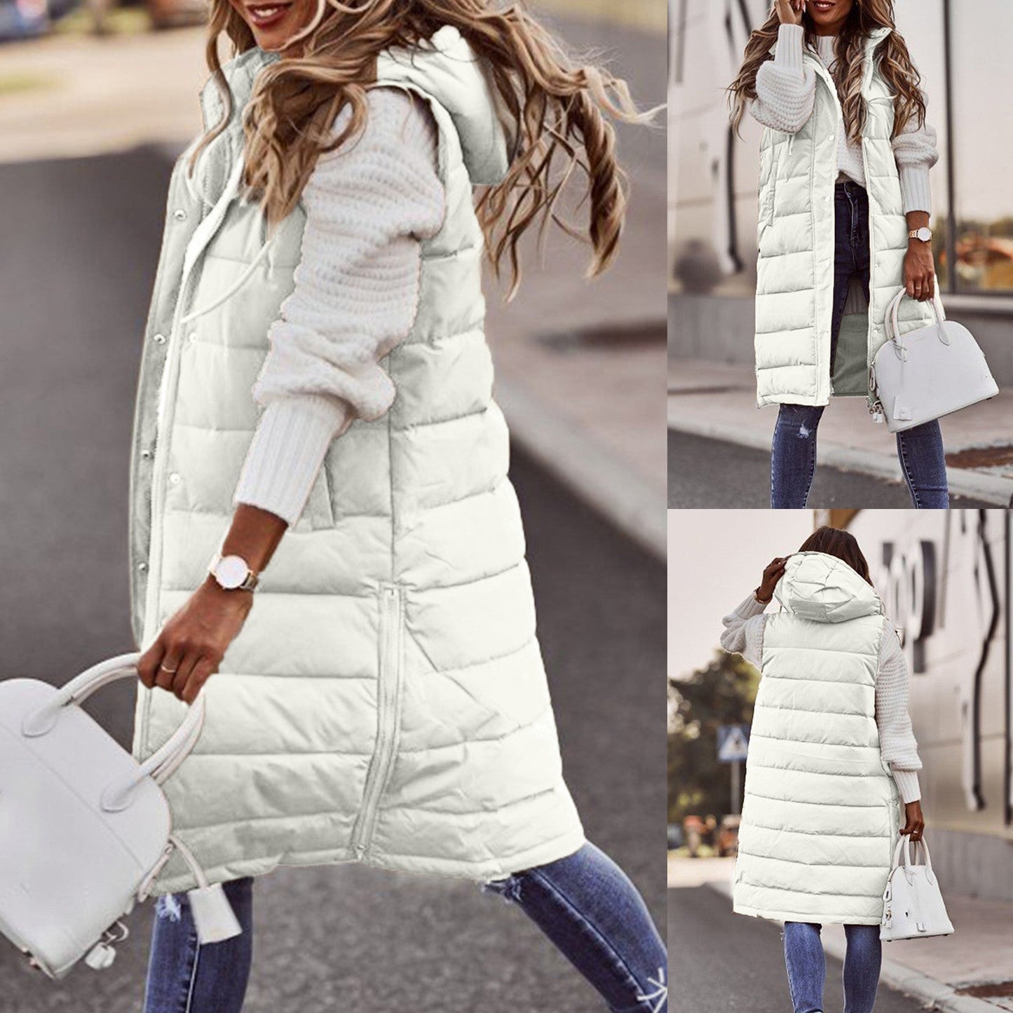 Damen Bodywarmer – Oversized Fit – Gesteppt Gefüttert – Lange Kapuze Freizeit