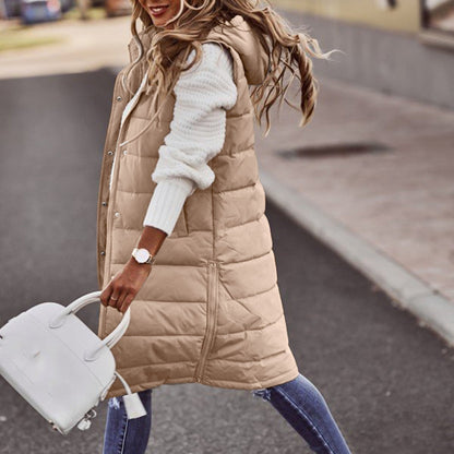 Damen Bodywarmer – Oversized Fit – Gesteppt Gefüttert – Lange Kapuze Freizeit