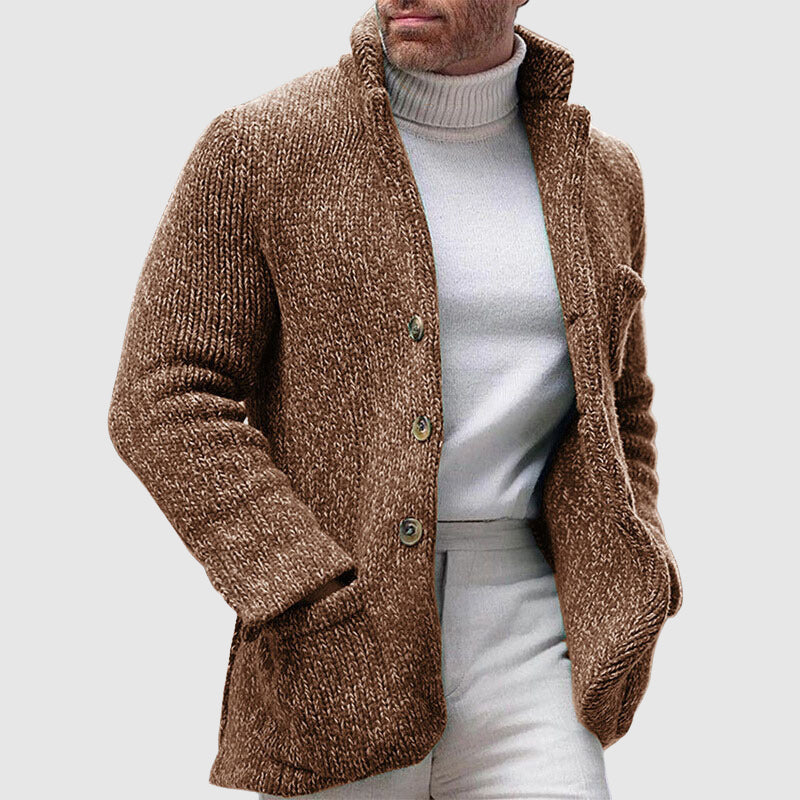 Herren Strickcardigan – Lockerer Schnitt – Weiche Grobstrickstruktur – Stehkragen