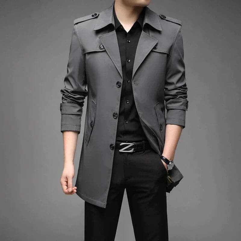 Herren Trenchcoat – Slim Fit – Einreiher – Strukturierter Schnitt – Schulterriegel