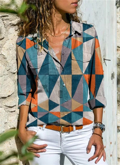 Damen Bluse – Lockerer Schnitt – Atmungsaktive Mischung – Knopfleiste – 3/4-Ärmel