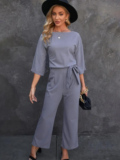 Damen Jumpsuit – Lockerer Schnitt – Atmungsaktive Mischung – Gürtel – 3/4 Ärmel