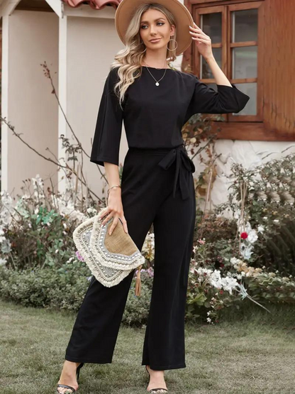 Damen Jumpsuit – Lockerer Schnitt – Atmungsaktive Mischung – Gürtel – 3/4 Ärmel