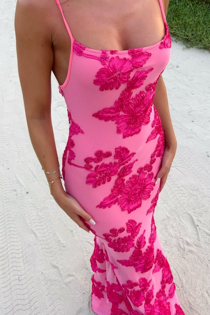 Damen Maxikleid – Figurbetont – Bestickter Blumenlook – Atmungsaktives Gewebe