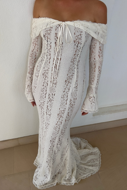 Damen Maxikleid – Spitze – Figurbetont – Schulterfrei – Lange Trompetenärmel