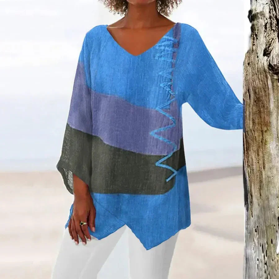 Damen Bluse – Lockerer Schnitt – V-Ausschnitt – 3/4 Arm – Atmungsaktives Gewebe