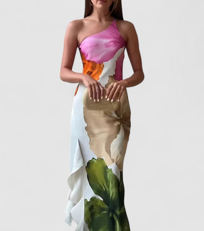 Damen Abendkleid – Luxusstoff – Figurbetont – Asymmetrischer Ausschnitt – Patchwork