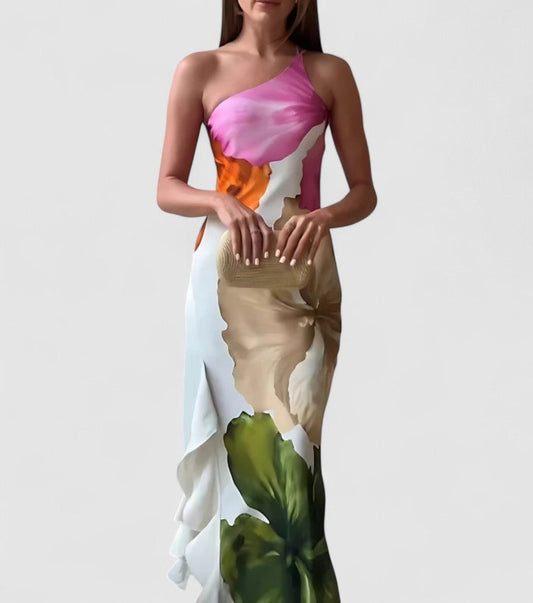 Damen Abendkleid – Luxusstoff – Figurbetont – Asymmetrischer Ausschnitt – Patchwork