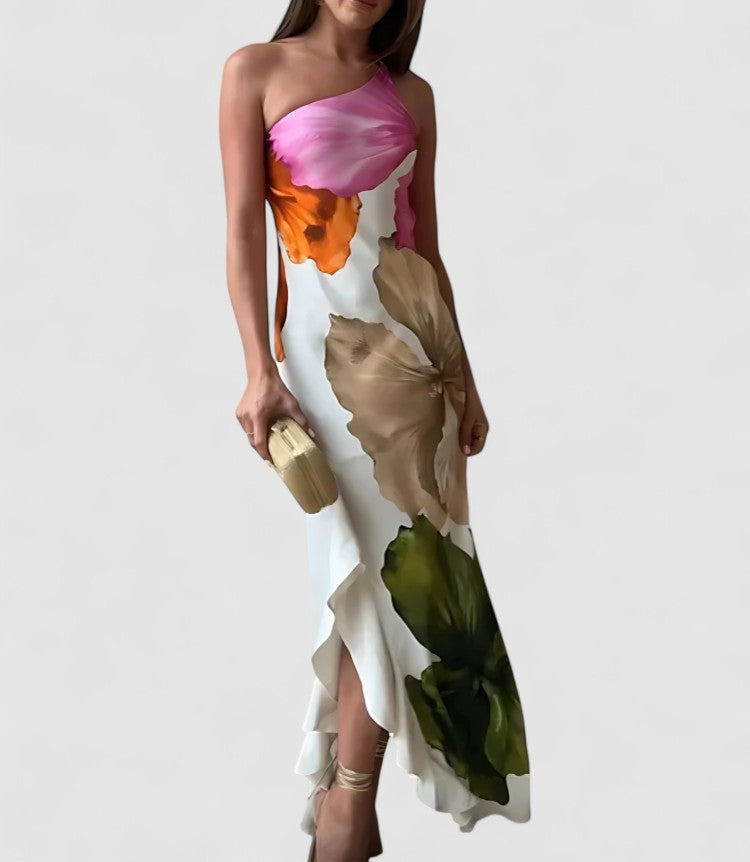 Damen Abendkleid – Luxusstoff – Figurbetont – Asymmetrischer Ausschnitt – Patchwork