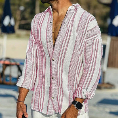 Herren Langarmhemd – Relaxed Fit – Atmungsaktive Mischung – Gestreift & Knopfleiste
