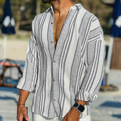 Herren Langarmhemd – Relaxed Fit – Atmungsaktive Mischung – Gestreift & Knopfleiste