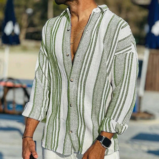 Herren Langarmhemd – Relaxed Fit – Atmungsaktive Mischung – Gestreift & Knopfleiste