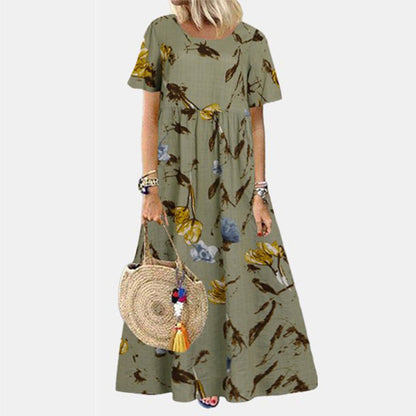 Damen Maxikleid – Lockere Passform – Kurzarm – Blumenmuster – Atmungsaktives Gewebe