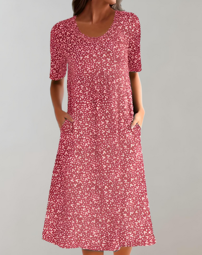 Damen Midikleid – Lockerer Schnitt – V-Ausschnitt – Kurzarm mit Taschen – Atmungsaktives Material