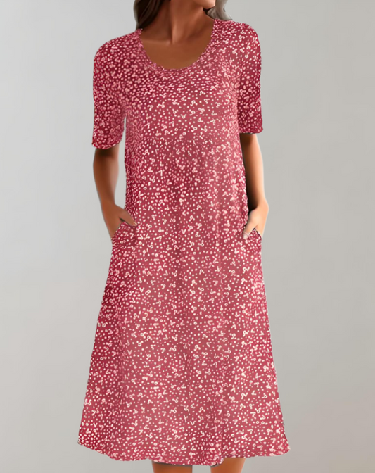 Damen Midikleid – Lockerer Schnitt – V-Ausschnitt – Kurzarm mit Taschen – Atmungsaktives Material