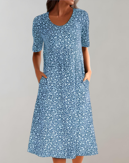 Damen Midikleid – Lockerer Schnitt – V-Ausschnitt – Kurzarm mit Taschen – Atmungsaktives Material