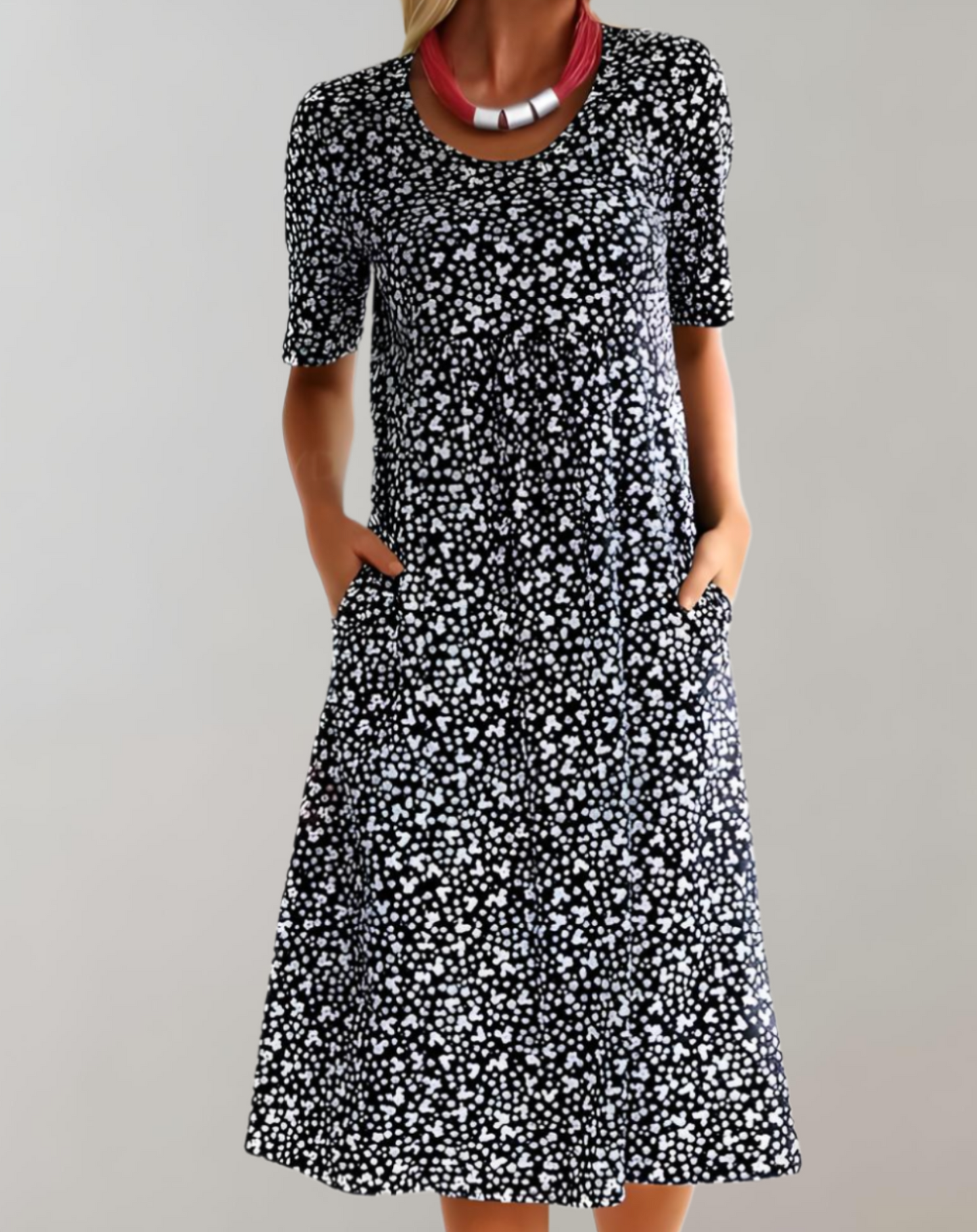 Damen Midikleid – Lockerer Schnitt – V-Ausschnitt – Kurzarm mit Taschen – Atmungsaktives Material