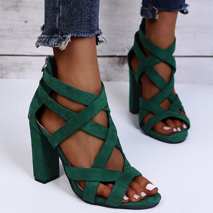 Damen High Heel Sandalen – Crisscross Riemen – Offene Spitze – Blockabsatz – Luxusgewebe