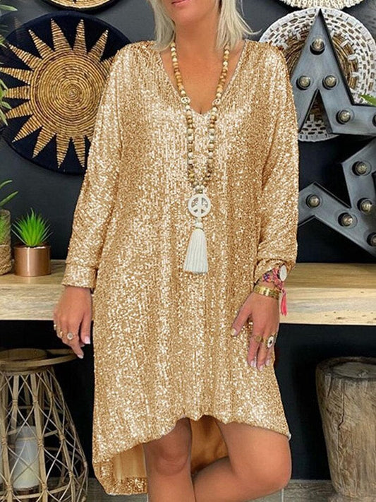 Damen Partykleid – Lockerer Schnitt – Pailletten – V-Ausschnitt – Lange Ärmel – Asymmetrischer Saum
