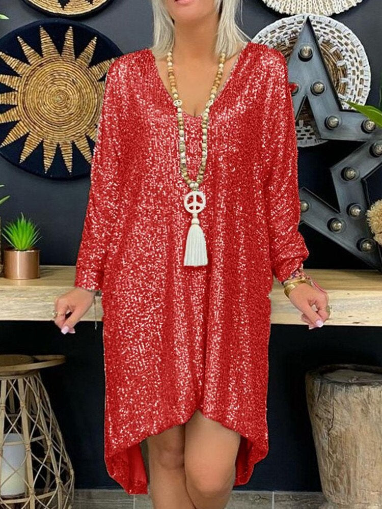 Damen Partykleid – Lockerer Schnitt – Pailletten – V-Ausschnitt – Lange Ärmel – Asymmetrischer Saum