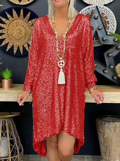 Damen Partykleid – Lockerer Schnitt – Pailletten – V-Ausschnitt – Lange Ärmel – Asymmetrischer Saum