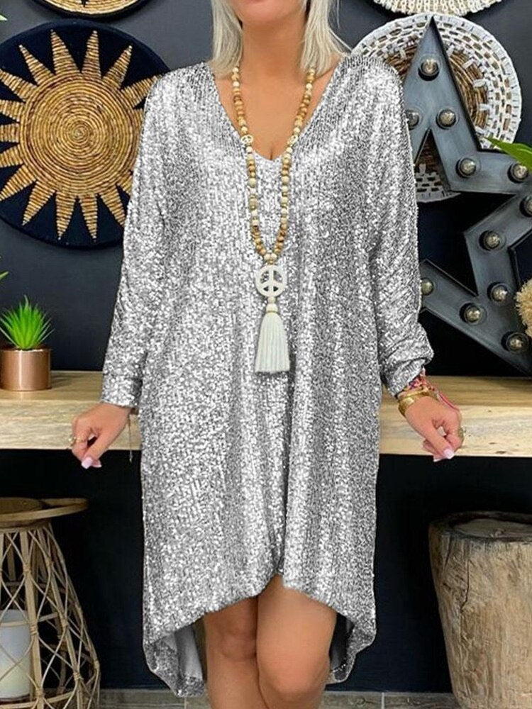 Damen Partykleid – Lockerer Schnitt – Pailletten – V-Ausschnitt – Lange Ärmel – Asymmetrischer Saum