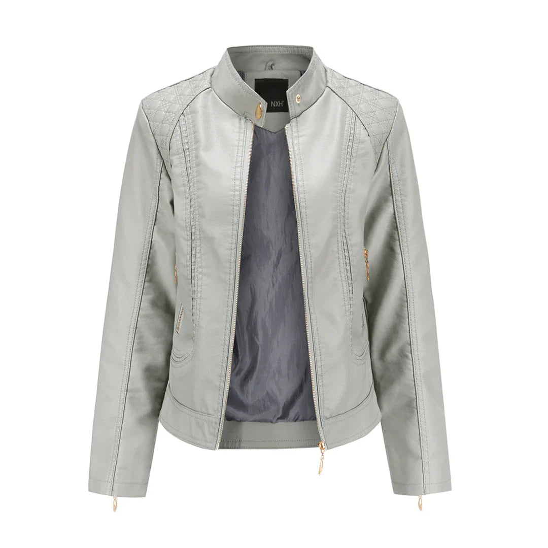 Damen Lederjacke – Slim Fit – Stehkragen – Gesteppt – Zipper-Taschen – Kurzform