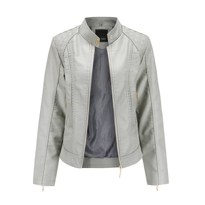Damen Lederjacke – Slim Fit – Stehkragen – Gesteppt – Zipper-Taschen – Kurzform