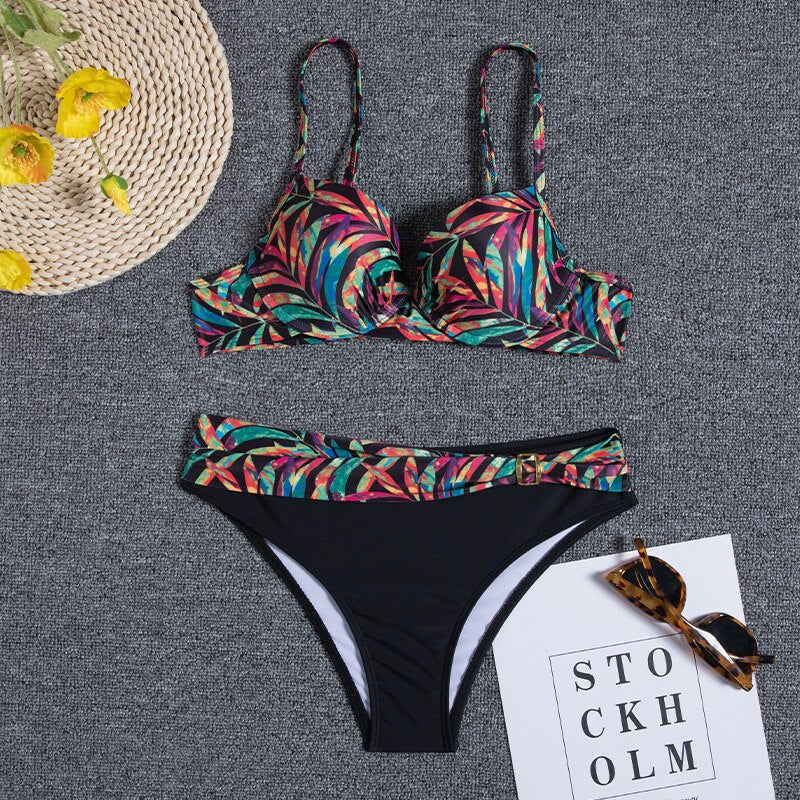 Damen Bikini Set – Stützende Cups – Verstellbare Träger – Florales Muster – Raffung