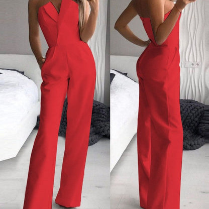 Damen Jumpsuit – Elegante Passform – Schulterfrei – Weites Bein – Mit Taschen
