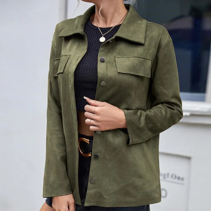 Damen Jacke – Wildlederoptik – Lockere Passform – Brusttaschen – Hemdkragen