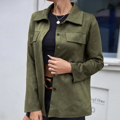 Damen Jacke – Wildlederoptik – Lockere Passform – Brusttaschen – Hemdkragen