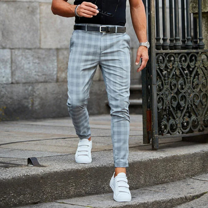Herren Slim-Fit Hose – Karomuster – Tapered Leg – Atmungsaktives Mischgewebe
