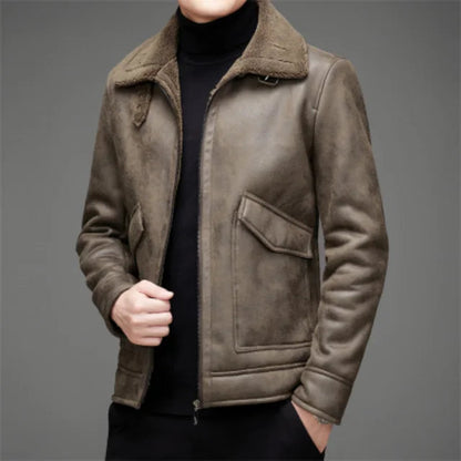 Herren Lederjacke – Strukturierte Passform – Fleecekragen – Reißverschluss – Kurzschnitt