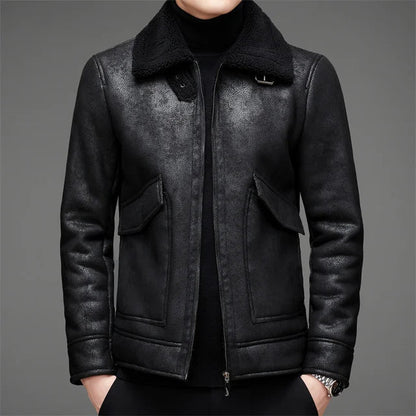 Herren Lederjacke – Strukturierte Passform – Fleecekragen – Reißverschluss – Kurzschnitt