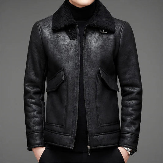 Herren Lederjacke – Strukturierte Passform – Fleecekragen – Reißverschluss – Kurzschnitt