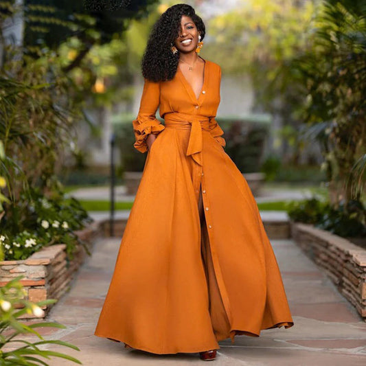 Damen Maxikleid – A-Linien Schnitt – Rüschenärmel – Natürliche Fasern – Gürtel