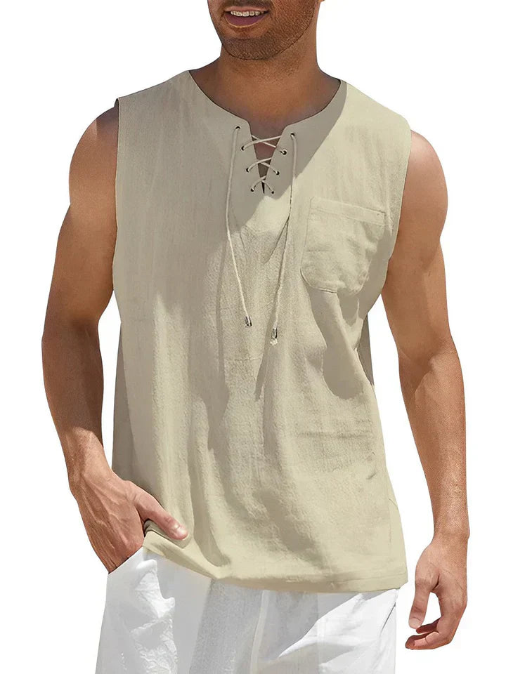 Herren Tanktop – Relaxed Fit – Atmungsaktive Mischung – Schnür-Front – Brusttasche