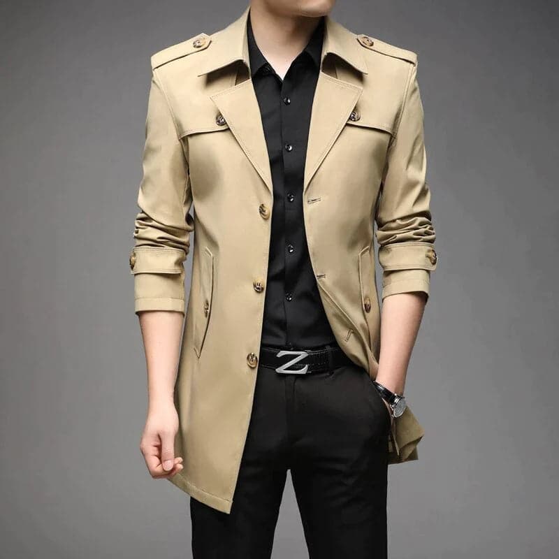 Herren Trenchcoat – Slim Fit – Einreiher – Strukturierter Schnitt – Schulterriegel