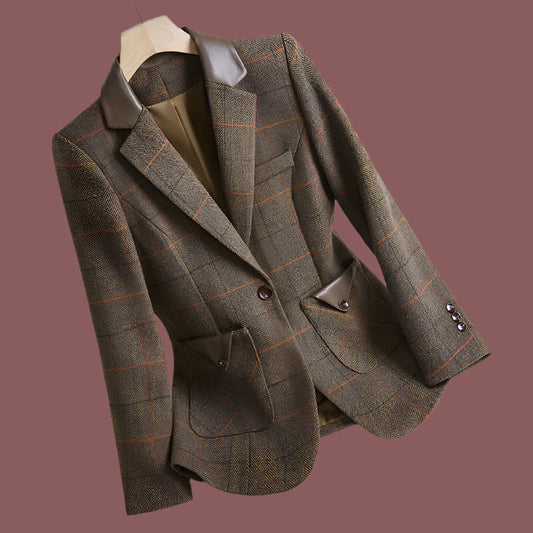 Damen Blazer – Taillierter Schnitt – Karomuster – Ein-Knopf – Lederdetails