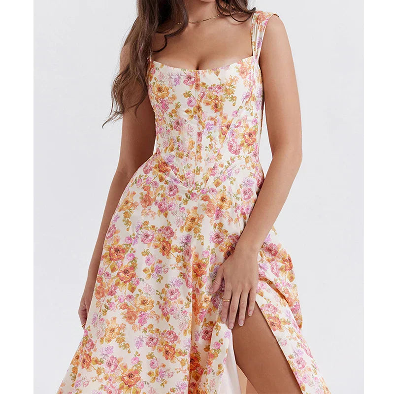 Damen Corset-Midikleid – Figurbetontes Oberteil – Breiter Träger – Schlitz – Blumenmuster