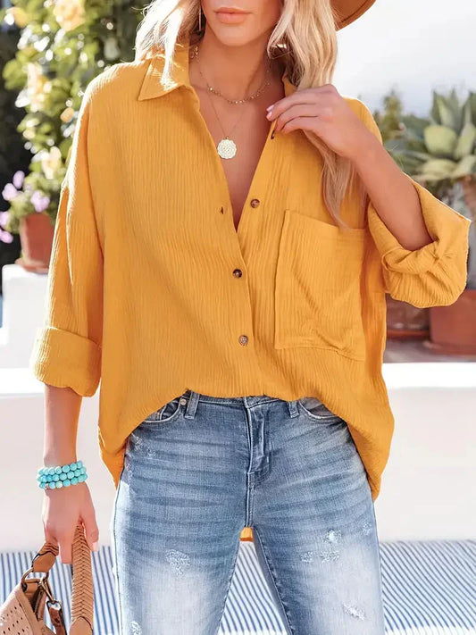 Damen Bluse – Lockerer Schnitt – Atmungsaktive Struktur – Knopfleiste Freizeitlook