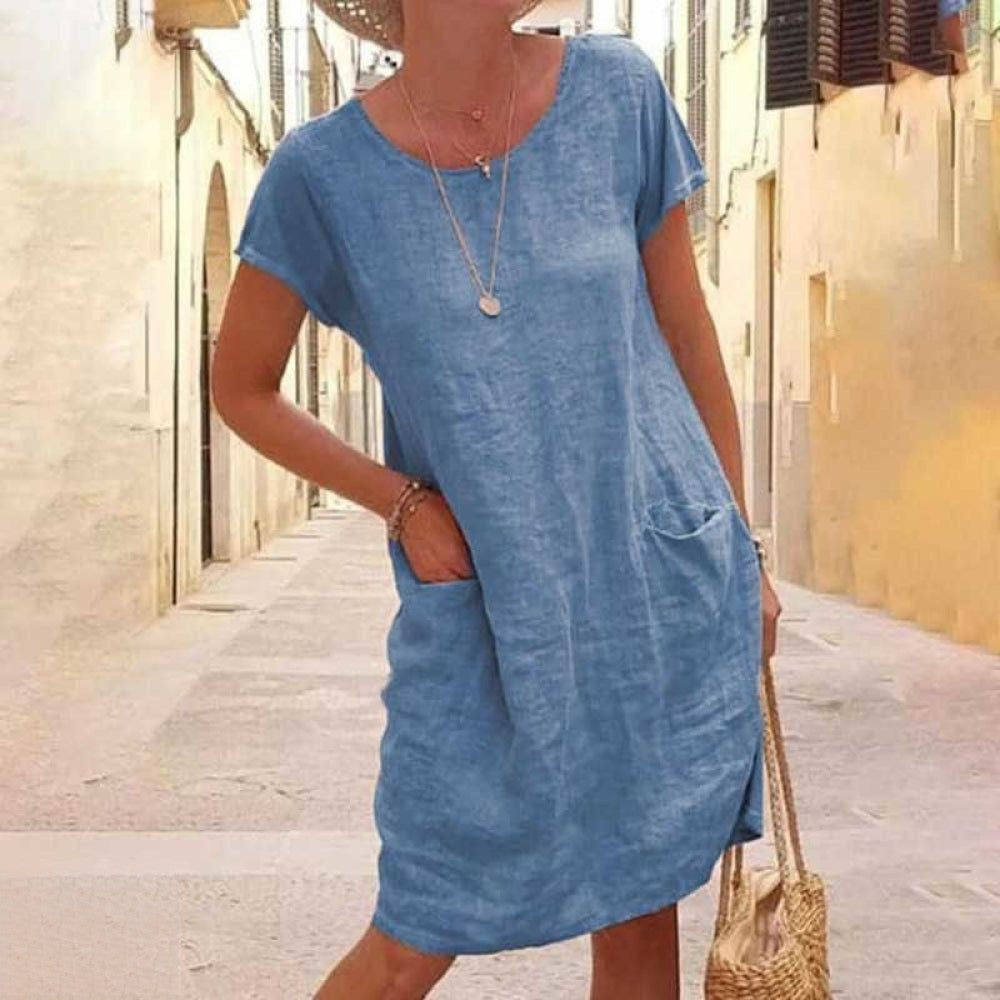 Damen Kleid – Knielang – Lockerer Schnitt – Kurzarm – Naturfasern – Mit Taschen