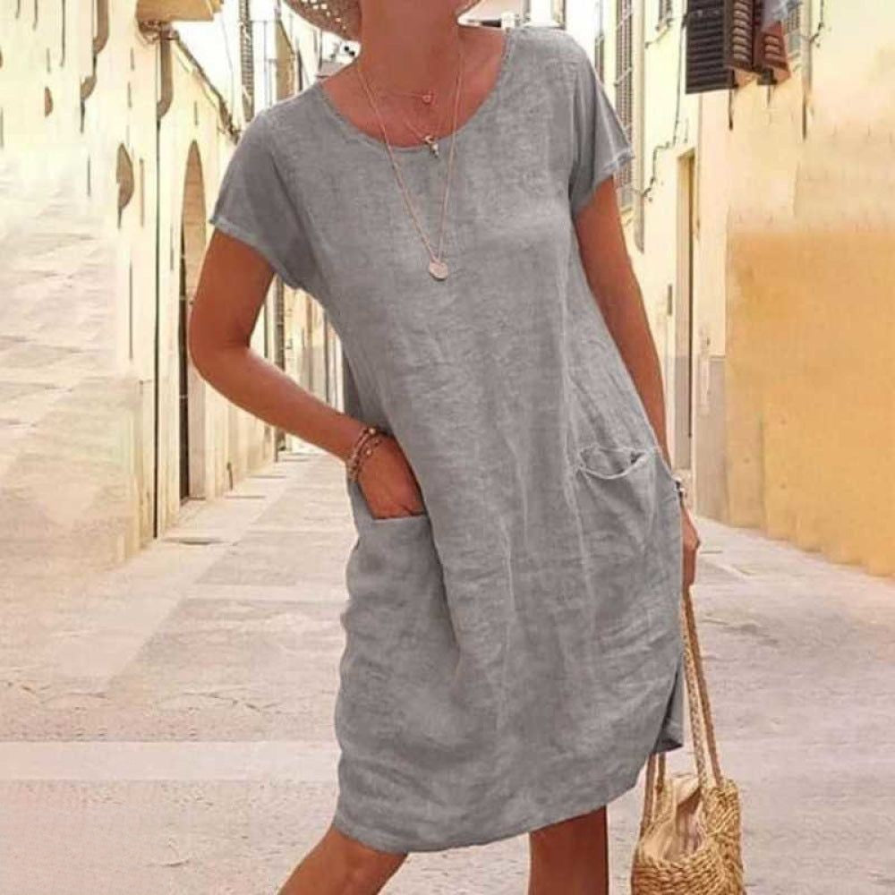 Damen Kleid – Knielang – Lockerer Schnitt – Kurzarm – Naturfasern – Mit Taschen