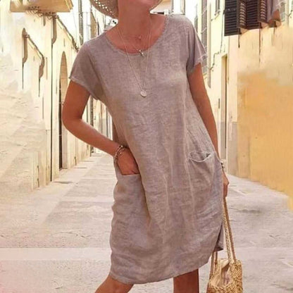 Damen Kleid – Knielang – Lockerer Schnitt – Kurzarm – Naturfasern – Mit Taschen