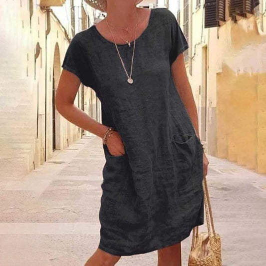 Damen Kleid – Knielang – Lockerer Schnitt – Kurzarm – Naturfasern – Mit Taschen