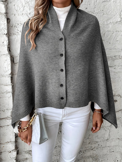 Damen Poncho – Soft Knit – Lockerer Schnitt – Knopfleiste – Gerippte Abschlüsse