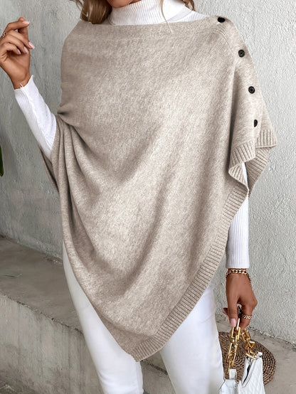 Damen Poncho – Soft Knit – Lockerer Schnitt – Knopfleiste – Gerippte Abschlüsse